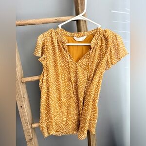 LC Lauren Conrad Mustard and White Polka Dot Flutter Sleeve Blouse